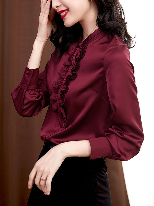 AHM-yfnd9922纯色荷叶边缎面衬衣 商品图3