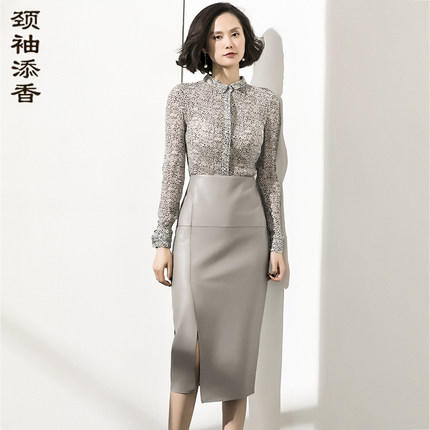 孤品 颈袖添香冬新款气质显瘦半身裙高腰包臀皮裙子包裙女中长款J9354138A（）不退可换 商品图0