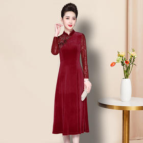 JS-QL8318秋冬新款妈妈装丝绒拼接蕾丝刺绣烫钻改良旗袍修身连衣裙