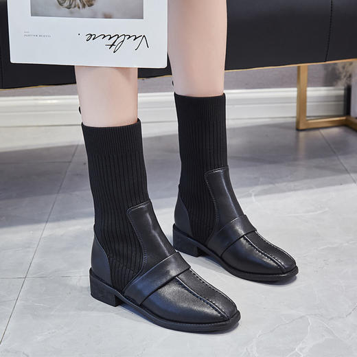 瘦靴早秋马丁短靴子女鞋英伦风粗跟弹力袜靴 商品图3