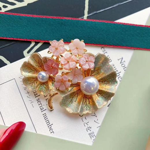 优雅荷叶胸针，贝壳淡水珍珠胸花 商品图2