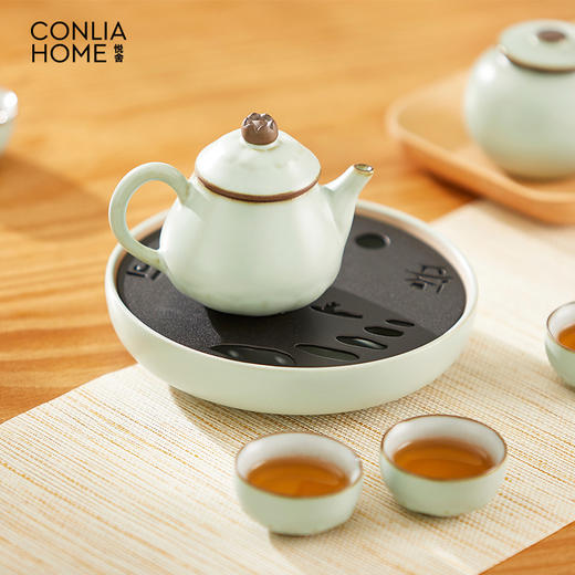 汝窑怡尚茶具7件套 瓷质细腻,器物浑厚,釉水肥润,出水流畅