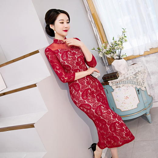 修身日常，九分袖网纱蕾丝长款鱼尾旗袍HYX-20-8510 商品图3