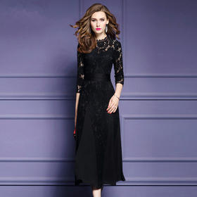 FMY-12405秋装新款黑色镂空绣花连衣裙气质优雅显瘦a字长裙