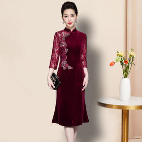 JS-QL8282秋季新款高档婚宴喜庆珠片蕾丝拼接连衣裙