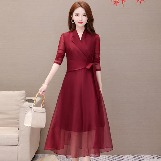 韩版修身，V领网纱拼接连衣裙YW-KED-93A01 商品图0