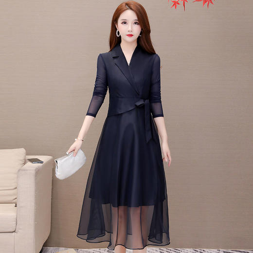 韩版修身，V领网纱拼接连衣裙YW-KED-93A01 商品图2