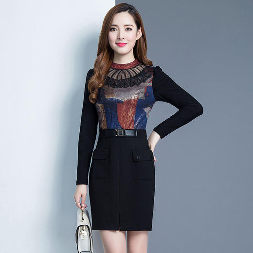韩版修身，时尚长袖印花中长款连衣裙YW-XH7450 商品图0