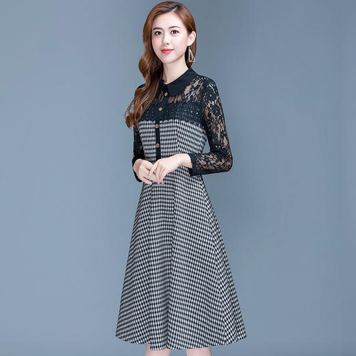 韩版修身，娃娃领减龄格子蕾丝拼接连衣裙YW-KED-96A021 商品图1