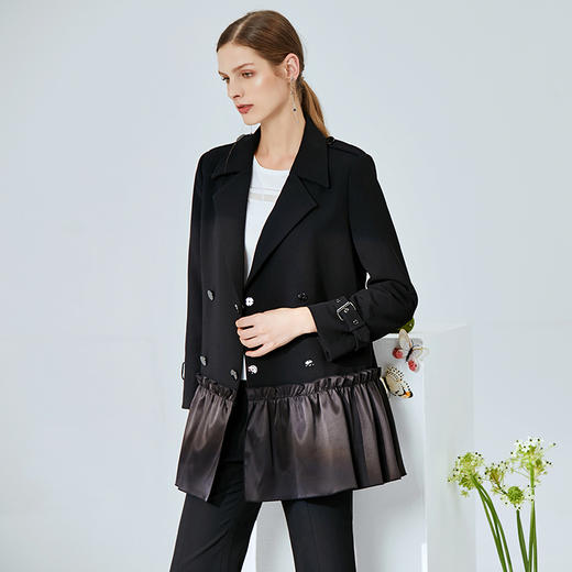 EITIE爱特爱春季新款通勤时尚拼接翻领双排扣西装外套女中长6104802 商品图2