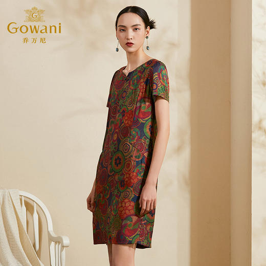 乔万尼新款夏桑蚕丝印花宽松直筒休闲真丝连衣裙女中长款ES2E128 商品图1