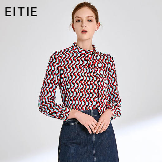 EITIE爱特爱女装春秋新品领口飘带时尚复古印花优雅小上衣T恤6013705 商品图1
