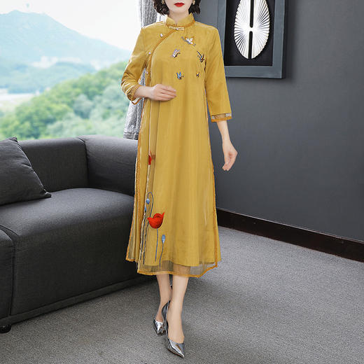 复古中国风，改良刺绣旗袍中长款修身连衣裙YFN-19513 商品图1