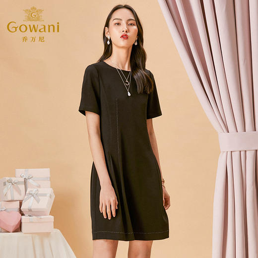 乔万尼春季新款短袖连衣裙女简约大气气质修身百搭小黑裙中长ES1E016 商品图1