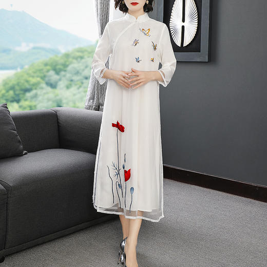 复古中国风，改良刺绣旗袍中长款修身连衣裙YFN-19513 商品图2