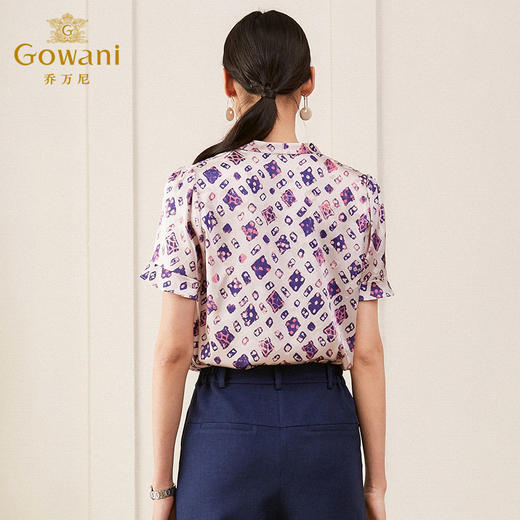 乔万尼夏季新款时尚印花V领桑蚕丝真丝衬衫女宽松气质上衣ES2C148 商品图3