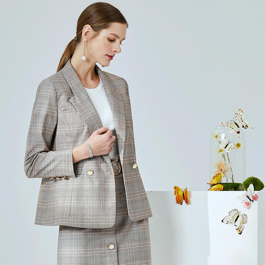EITIE爱特爱春季新款通勤干练帅气英伦风格子西装外套女中长A2003401 商品图3
