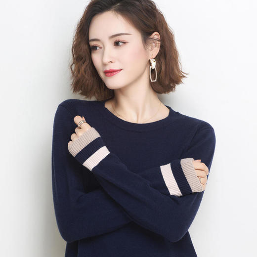 FCY YS8988圆领套头条纹拼接长袖修身针织上衣 商品图3