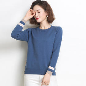 FCY YS8988圆领套头条纹拼接长袖修身针织上衣