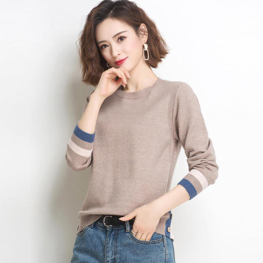 FCY YS8988圆领套头条纹拼接长袖修身针织上衣 商品图4