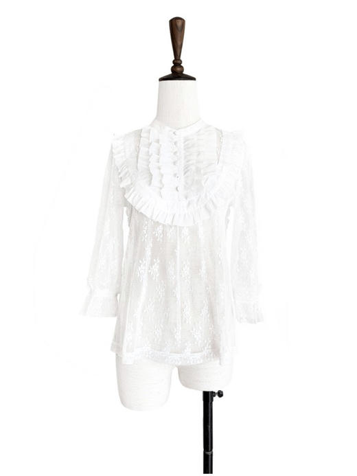 TYNVIE 褶花装饰羊脚袖蕾丝上衣 - 白色 商品图1