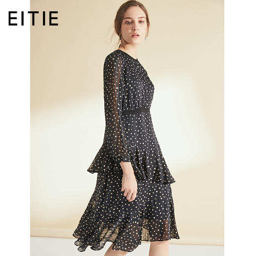 EITIE爱特爱女装秋季层次荷叶边收腰显瘦黑白波点连衣裙6007717 商品图0