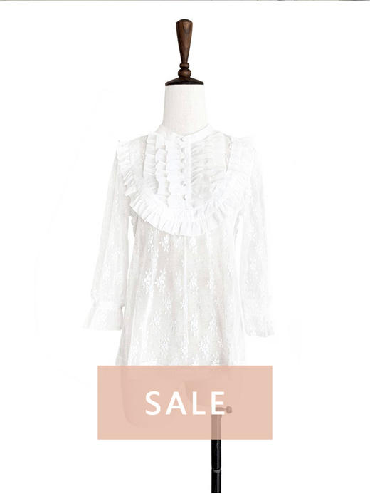 TYNVIE 褶花装饰羊脚袖蕾丝上衣 - 白色 商品图0