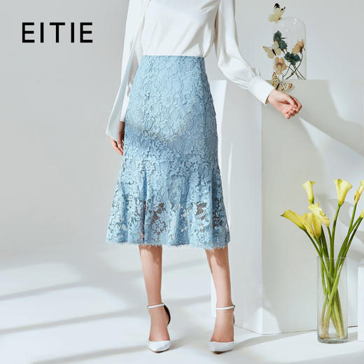 EITIE爱特爱春季新款通勤时尚纯色包臀鱼尾蕾丝钩花半身裙女A2006409 商品图0