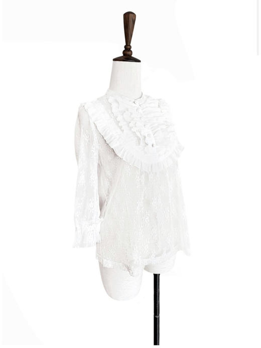 TYNVIE 褶花装饰羊脚袖蕾丝上衣 - 白色 商品图4