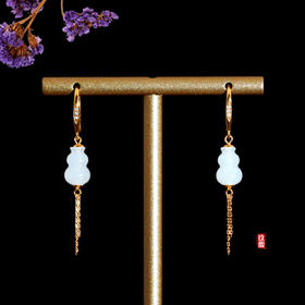 18K玫瑰金和田玉（白玉）镶钻耳饰 葫芦7*10mm/ 总长度45mm
