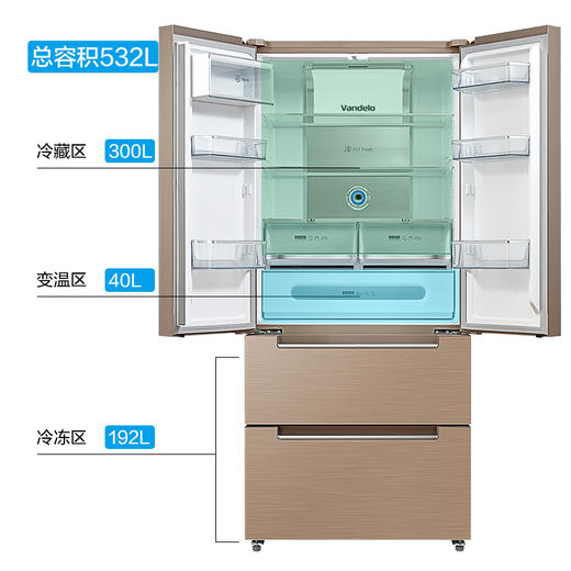 美的（Midea）532升冰箱 变频智能 风冷无霜 节能静音 钢化玻璃 家用法多门冰箱 BCD-532WGPZV 格调金 商品图1