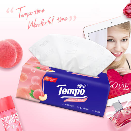 Tempo源自德国1929 甜心桃味抽纸 加厚4层90抽 面巾纸*16包 纸巾 桃子味 抽纸 德宝 得宝 商品图0