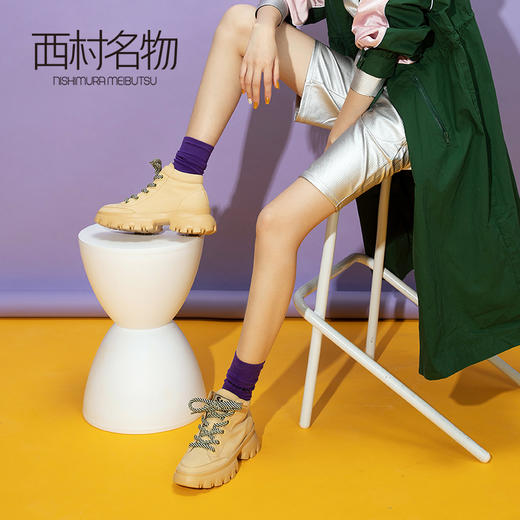西村名物2019冬季新款马丁靴女厚底系带短靴高帮老爹鞋X29DS40261 商品图3