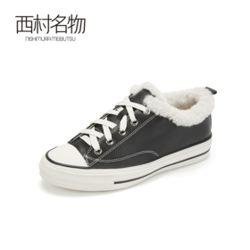 西村名物牛皮加绒小白鞋女2019冬季新款保暖黑色饼干鞋X29CM34191