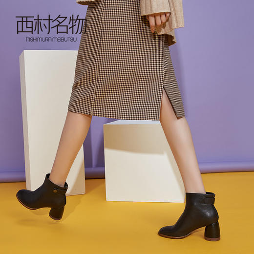 西村名物2019秋冬新款时装靴真皮潮鞋粗跟中跟短靴女X29DS40391 商品图3