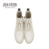 西村名物米白色牛皮马丁靴2019秋冬季新款粗跟低跟系带靴子女X29DS41341 商品缩略图3