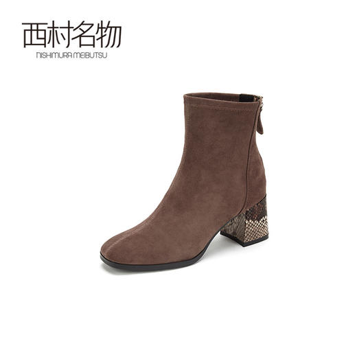 西村名物羊皮绒面时尚短靴2019冬新款高跟拉链靴子X29DS40331 商品图0