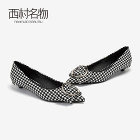 西村名物商场同款尖头单鞋女2019新款时尚格子小猫跟鞋10811
