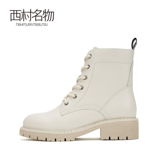 西村名物米白色牛皮马丁靴2019秋冬季新款粗跟低跟系带靴子女X29DS41341 商品图2