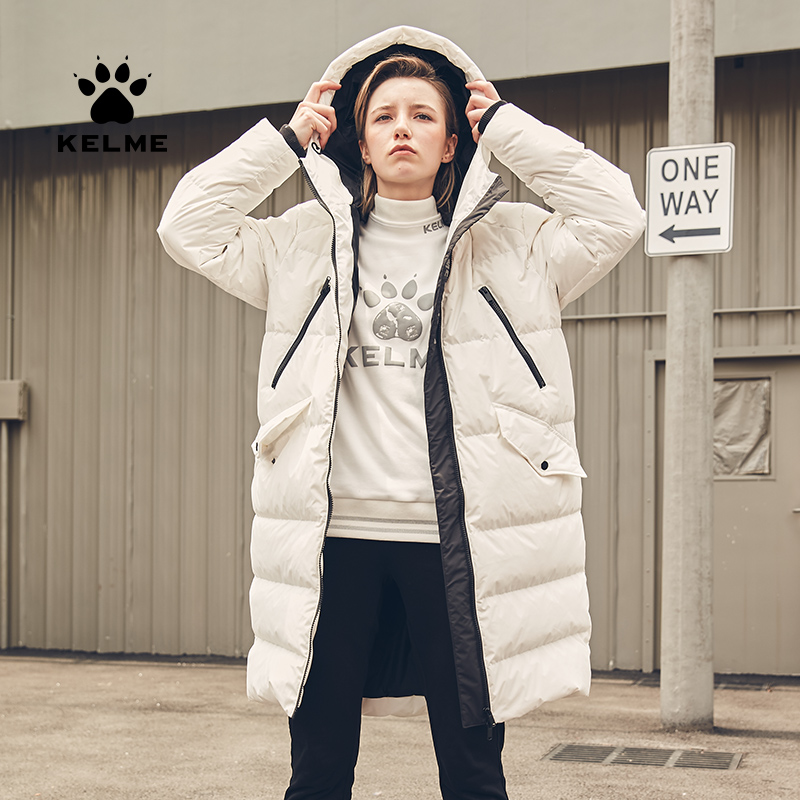 KELME卡尔美冬季保暖防风中长款羽绒服连帽白鸭绒时尚直筒外套女