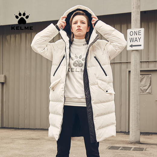 KELME卡尔美冬季保暖防风中长款羽绒服连帽白鸭绒时尚直筒外套女 商品图0