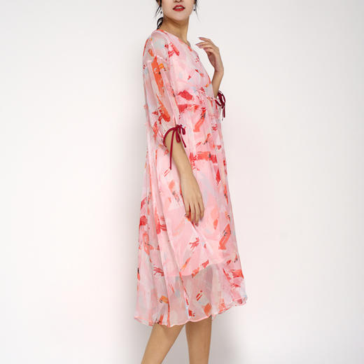 丁摩 真丝连衣裙飘逸系带印花时尚碎花桑蚕丝连衣裙20-94DB499 商品图1