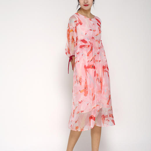 丁摩 真丝连衣裙飘逸系带印花时尚碎花桑蚕丝连衣裙20-94DB499 商品图2