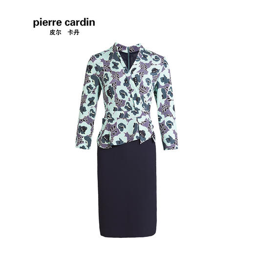 皮尔卡丹女春季新款绿色碎花假两件连衣裙V领一步裙P01DL15G3
 商品图4