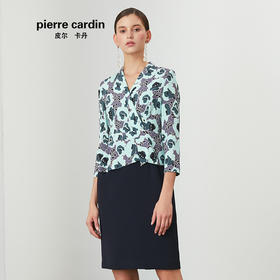 皮尔卡丹女春季新款绿色碎花假两件连衣裙V领一步裙P01DL15G3
