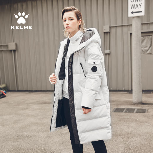 KELME卡尔美冬季保暖防风中长款羽绒服连帽白鸭绒时尚直筒外套女 商品图1