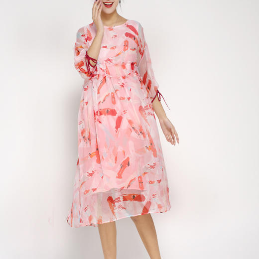 丁摩 真丝连衣裙飘逸系带印花时尚碎花桑蚕丝连衣裙20-94DB499 商品图0