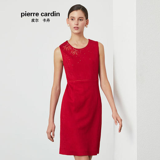 皮尔卡丹女春季新款红色无袖圆领连衣裙时尚一步裙P01DS07T0 商品图1