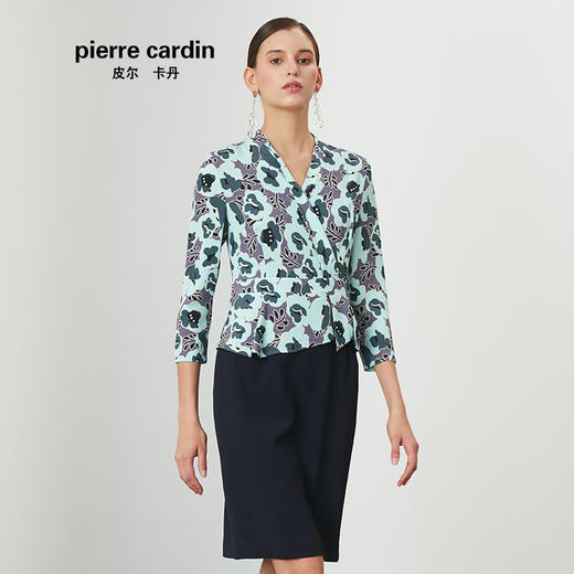 皮尔卡丹女春季新款绿色碎花假两件连衣裙V领一步裙P01DL15G3
 商品图1