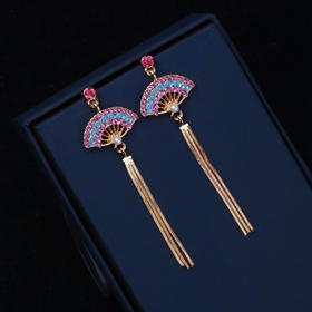 个性925银针中国风 折扇镶钻珍珠流苏气质耳环女时尚饰品气质耳饰